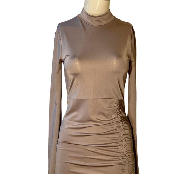 NWT Femme Luxe Womens Bodycon Mini Dress Ruched Side Tie Mock Neck Gray Size 6 - Picture 1 of 9